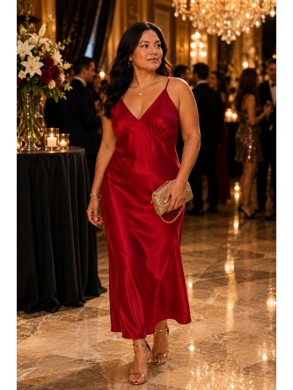 Red Silky Slip Midi Dress Y2K Party Date Night Glam Size L